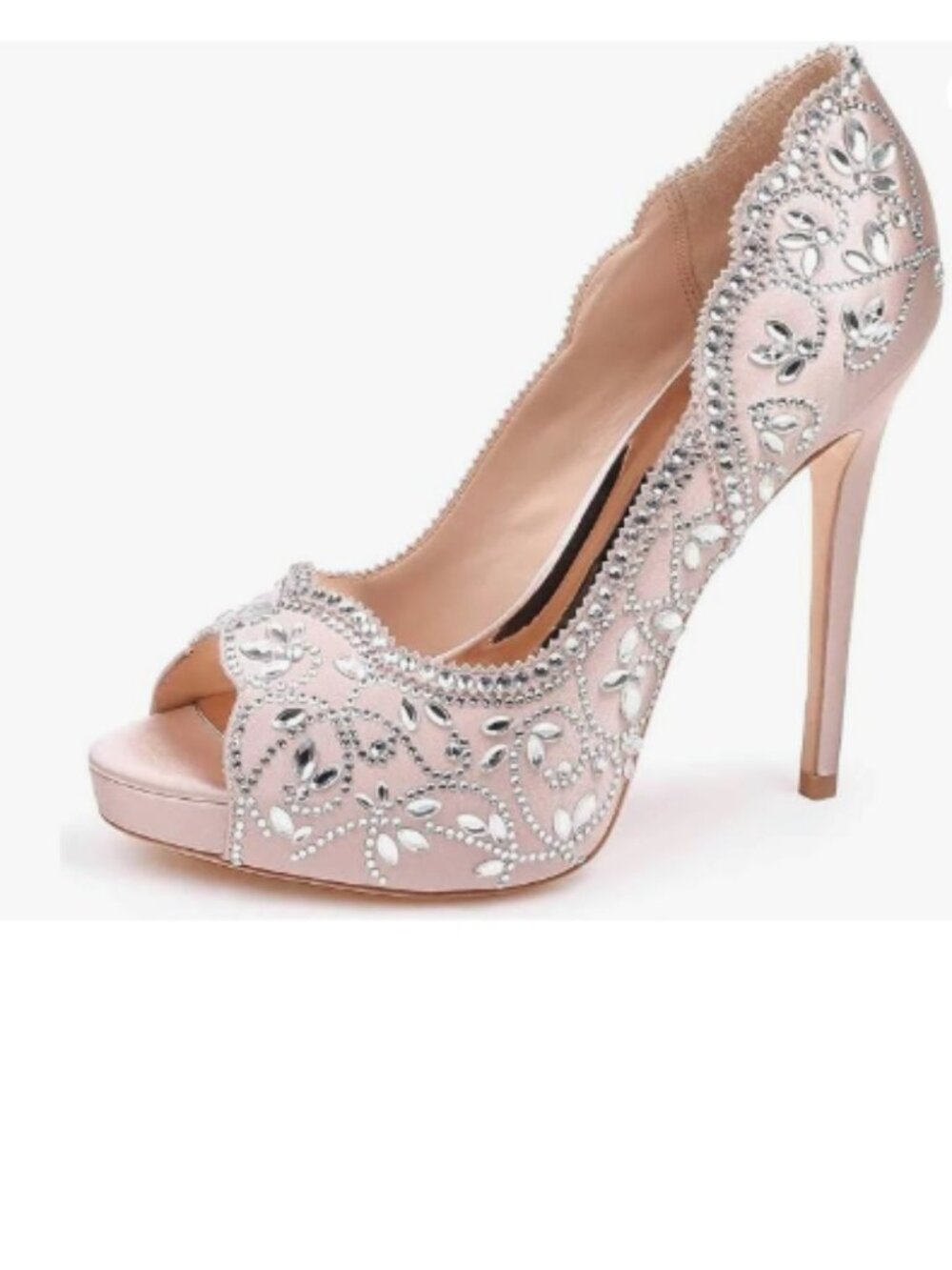 XYD Light Pink Peep Toe Platform Rhinestones Studded Bridal Pumps Satin Shoes